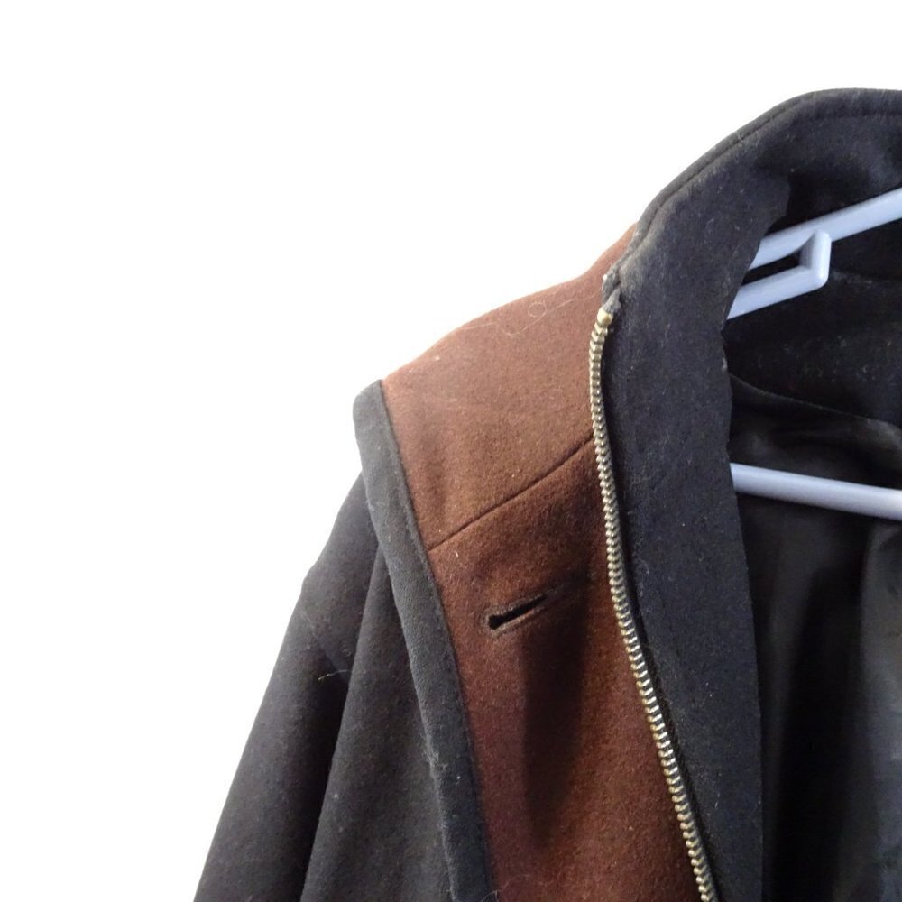 90's HERMAN KAY Bib-Jacket Wool-Blend Coat Winter Hood Size 8P Black Brown - Picture 2 of 8